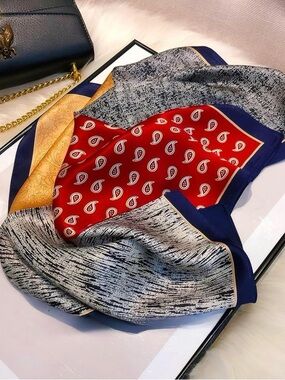 Patchwork Silk Scarf Navy Red Neutral Print